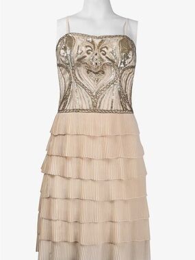 Sue Wong Champagne-Beaded Tiered Pleated Mini Dress
